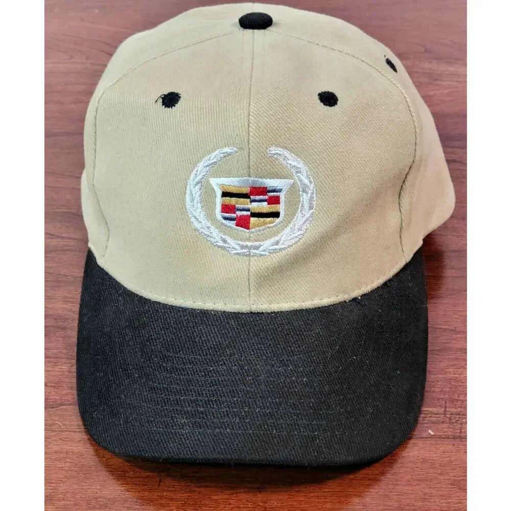 Cadillac Strapback Hat Tan Cap With Black Bill Hook/Loop Adjustable Closure